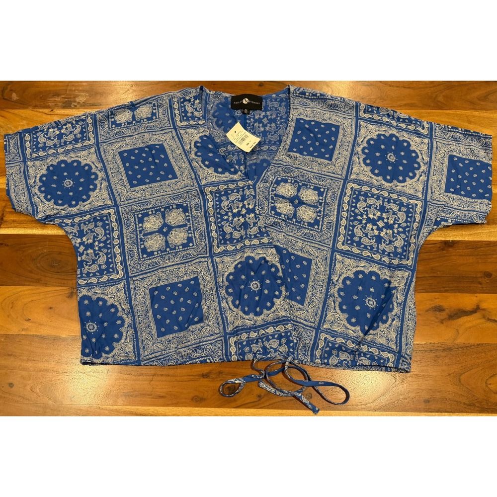 Ashley Stewart Blue Bandana Paisley Surplice Drawstring Crop Top Blouse 2X NWT